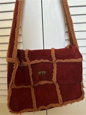 Free People Spokane Red Orange Shearling and Suede Messenger Bag